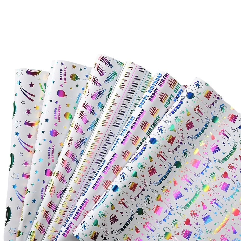 6 Pcs 50x70cm Wrapping Paper Roll Colorful Happy Birthday with Balloon Gifts Stars Cake for Birthday Wedding Baby Shower