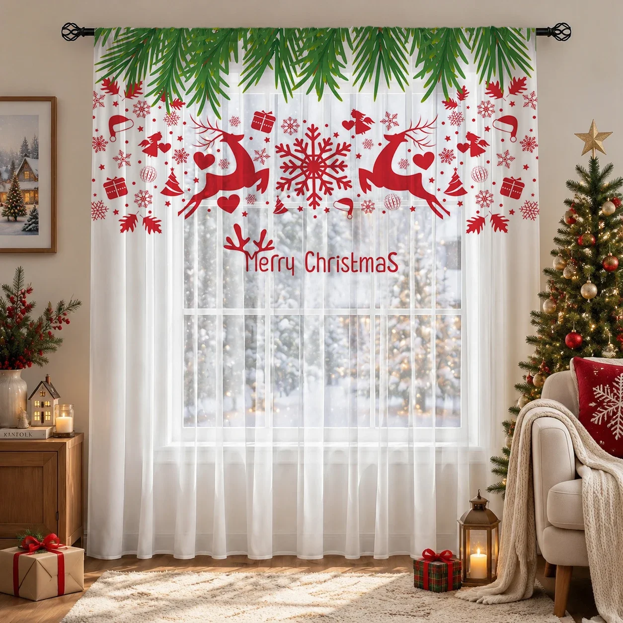 Christmas Gradient Sheer Curtain, Good Quality Light Reducing Privacy Voile for Living/Bedroom/Kids Room,Christmas's Day Gift
