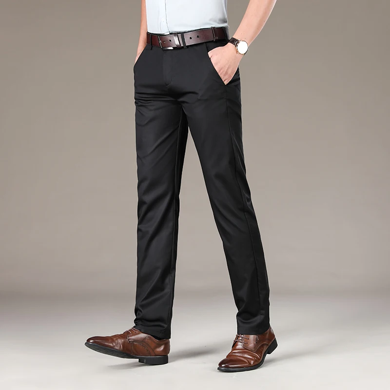 Pantalones informales sueltos para hombre, traje fino de negocios de verano, Pantalones rectos de mediana edad, talla grande, pantalones versátiles de seda de hielo de alta gama