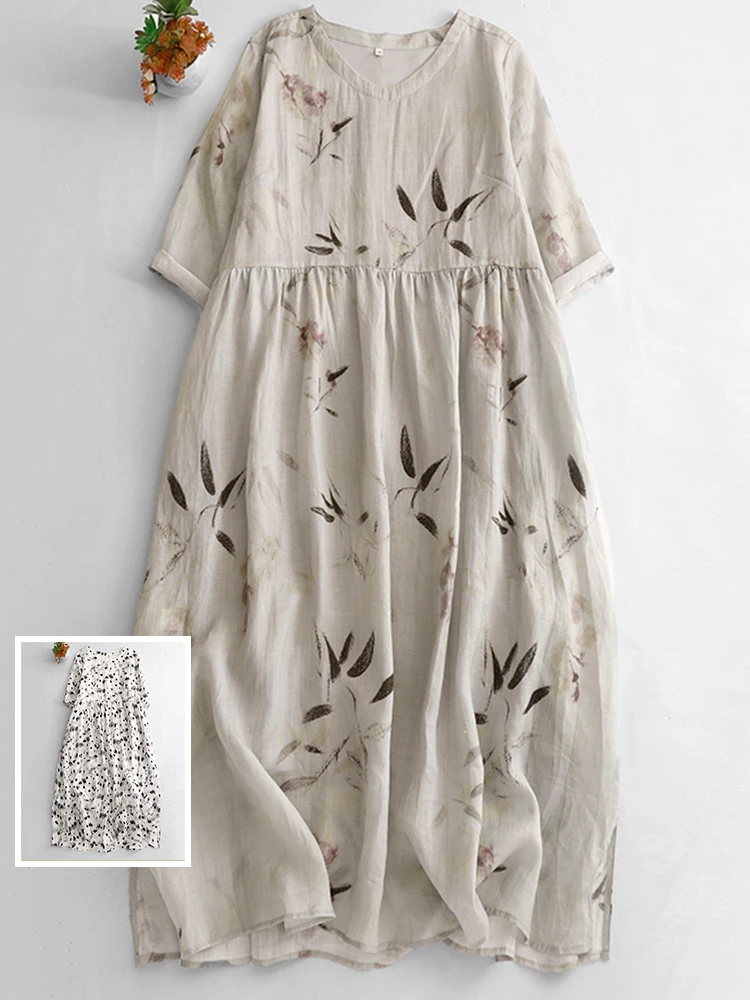 Artystyczny nadruk na lnianej tkaninie, długa sukienka w kształcie litery A, Dr ort Sve, damska, plus size, do kolan, wyszczuplająca, uniwersalna, do pracy, elegancka.