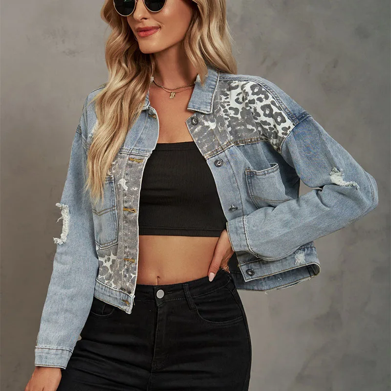 Women Overcoat 2025 New Fashion Women's Denim Coat Spring Autumn Leopard Print   Spliced With Holes Women's Coat The Top H336