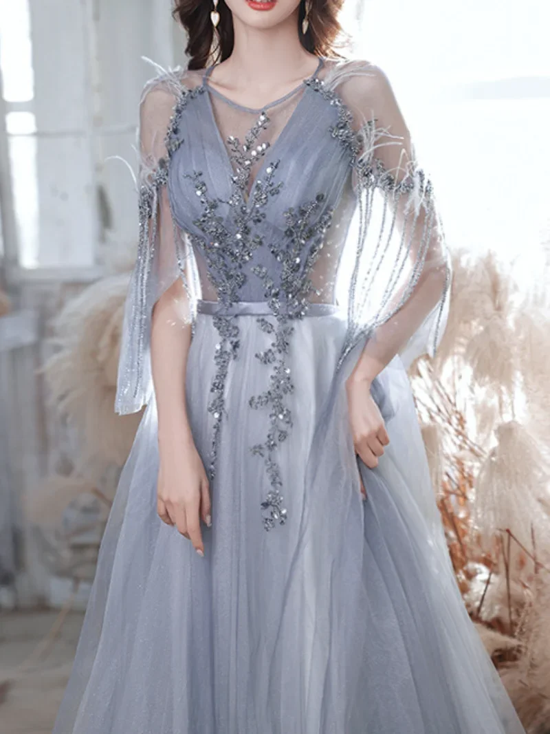 Robe de Soirée Élégante à Pompons et Manches en Plumes pour Femme, Tenue de Bal Formelle Bleue, avec des Appliques Dégradées et un Col en V