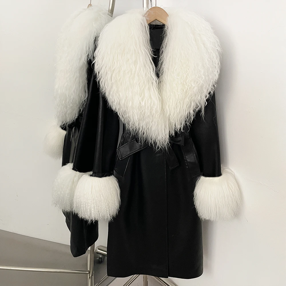 

Женская куртка OFTBUY из натурального меха монгольской овцы, теплая зимняя куртка из искусственной кожи с натуральным мехом