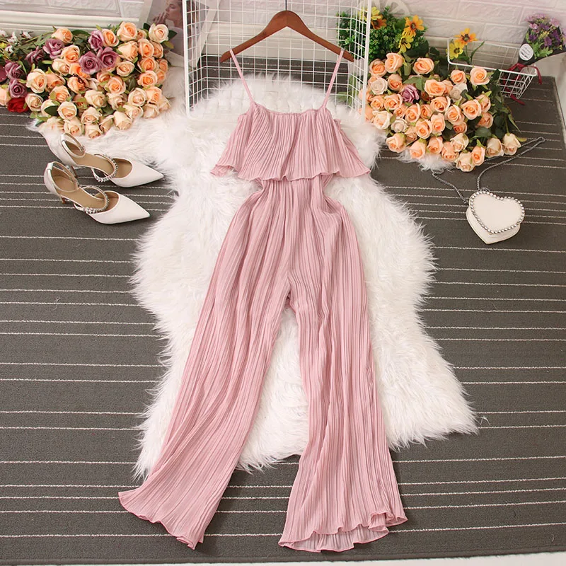 Summer Elegant Long Jumpsuits for Women Slash Neck Strap Pleated Ruffled Wide Leg Female Bodysuit Coffee/Black/White New In 2024