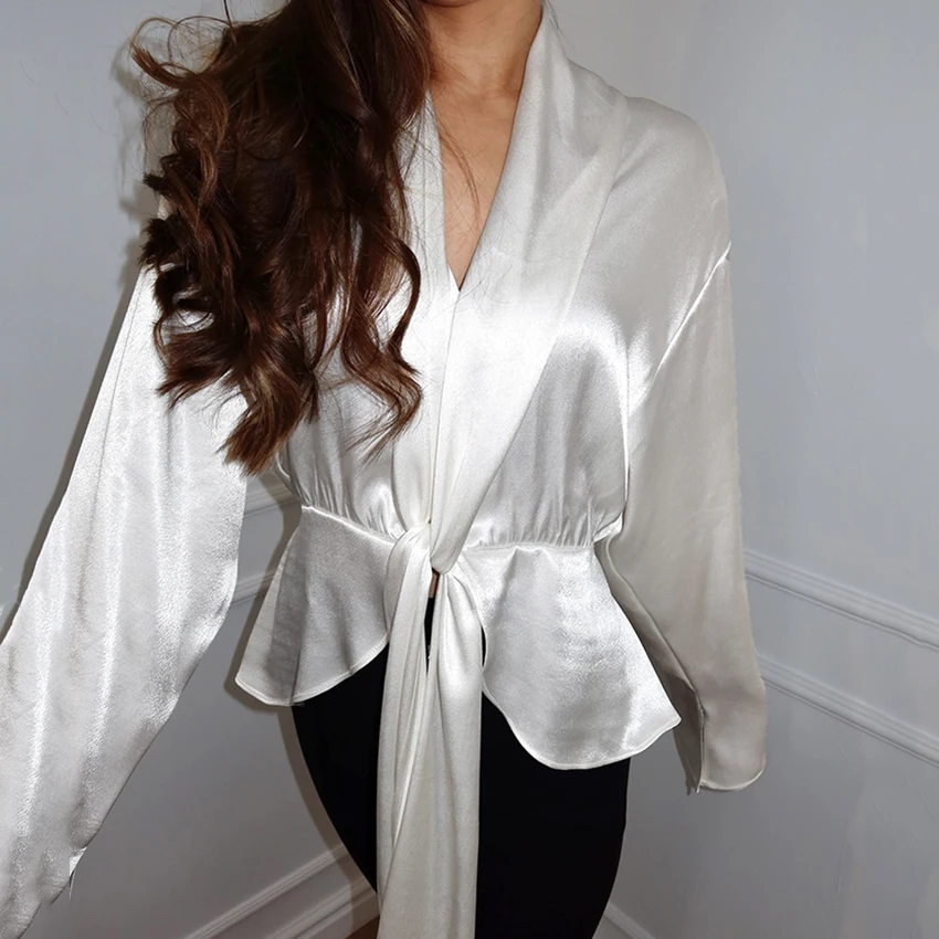

Linad Elegant White Satin Bandage Blouse Woman 2026 Office Lady Loose V Neck Shirts Female Summer Casual Long Sleeve Tops Women