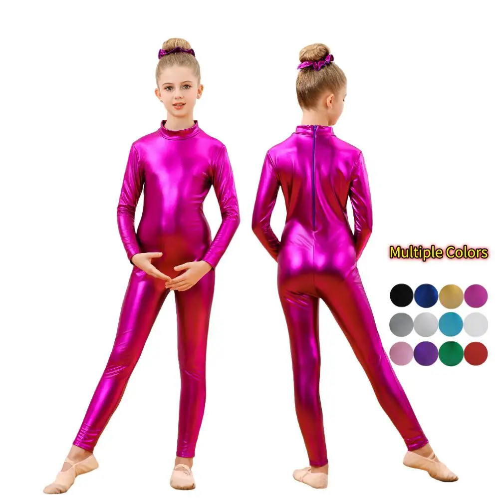 

Girls Shiny Metallic Unitards Back Zipper Dance Wear Gymnastics Leotards Dancewear Stage Performance Show Suit Halloween Costume