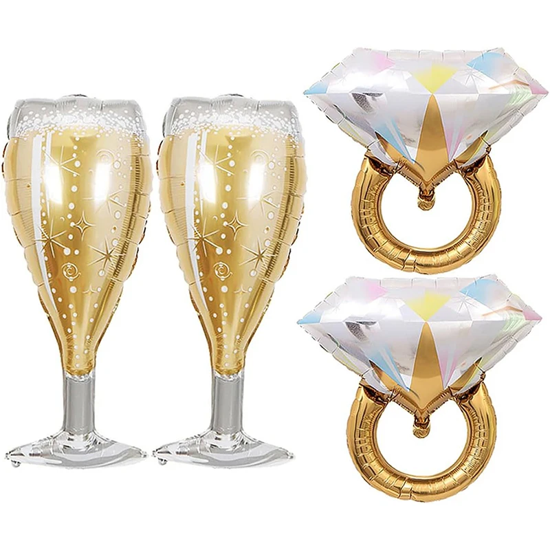 4 Stück/Set Champagnerglas Diamantring-förmige Folienballons Hochzeit Brautparty Junggesellinnenabschied Dekorationen Zubehör