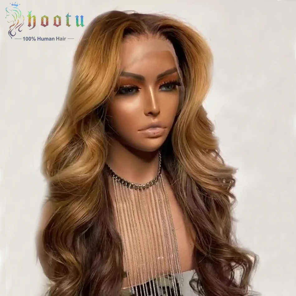 Hootu 13X4 Highlight Omber Frontal Preplucked Lace Human Hair Wig #P4/27 Colored 18-22 Inch Body Wave Lace Front Wigs Human Hair