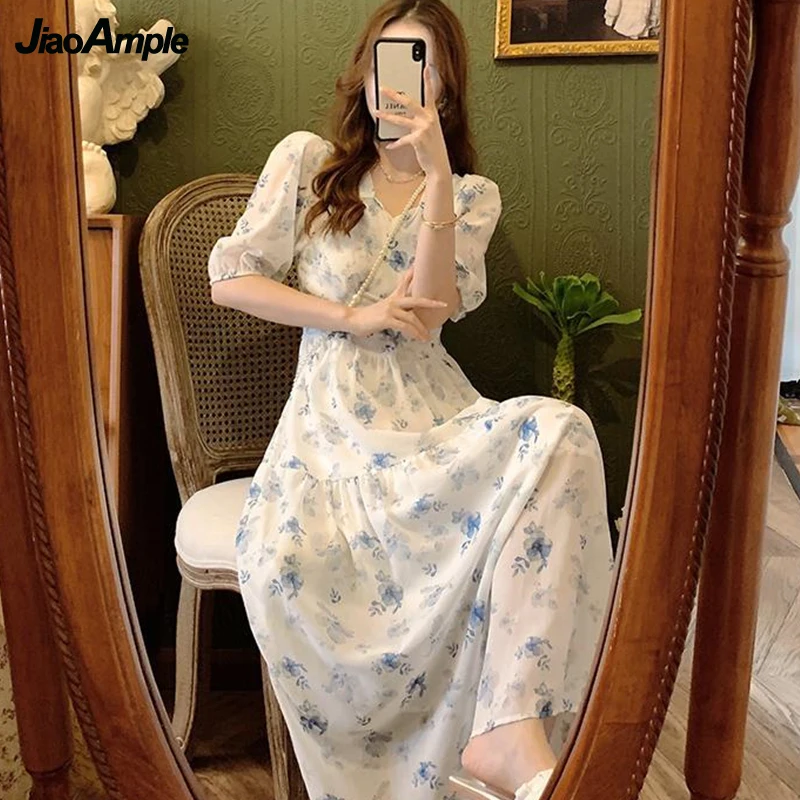 

Women's French Chic Floral Midi Dress Summer 2022 New Korean Graceful Chiffon Blue Print Short Sleeve Dresses Casual Clothing