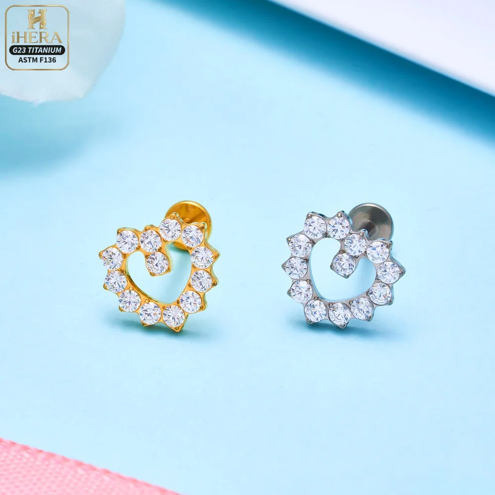 Gewindeter F136 Titan Doppelherz-Edelstein-Labret-Stud für Lippenpiercing, Ohrring, Knorpel, Tragus, Lobe, Helix, Körperschmuck, Bulk Barbells – Detail 10