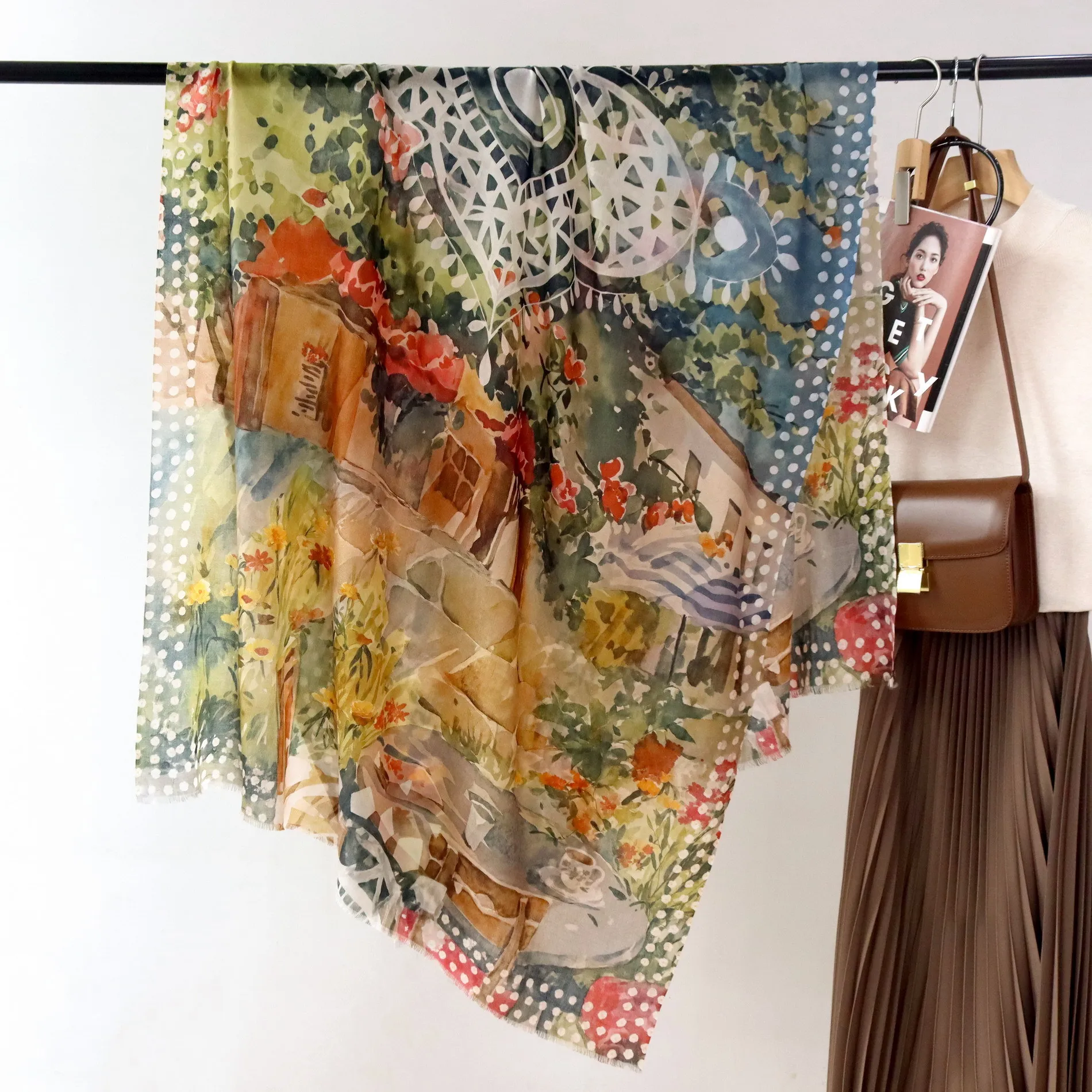 High-end Elegant Women's Fine Oil Painting Garden Print Quality Water-soluble Wool Handmade Fringe Warm Soft Long Scarf Shawl