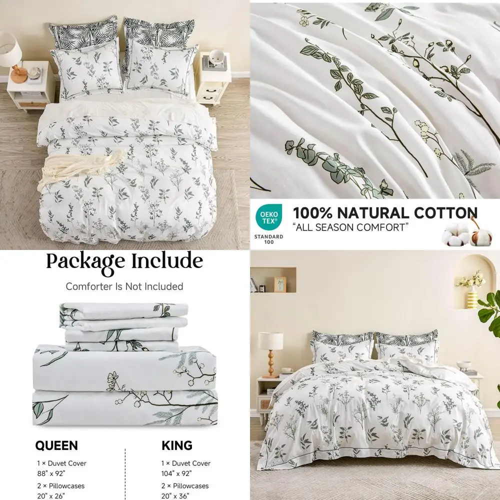 

Комплект пододеяльников из 100% хлопка с цветочным принтом размера «queen-size» из 3-х предметов, белый ботанический принт, застежка на пуговицы, льняная отделка, дышащая кровать