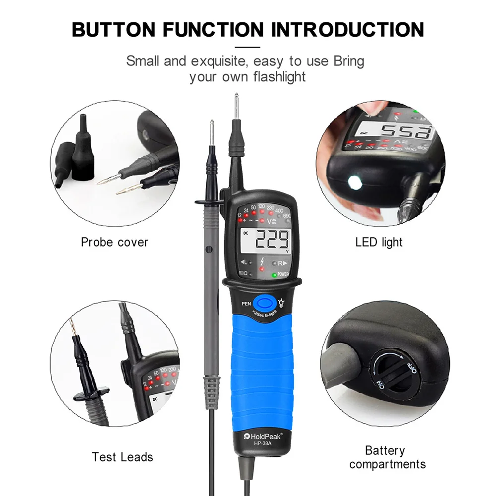 LCD Digital Multimeter Pen HoldPeak HP-38A Type 2000 Counts Auto No-Contact AC/DC Voltage Electronic Diode Resistance ​Tester