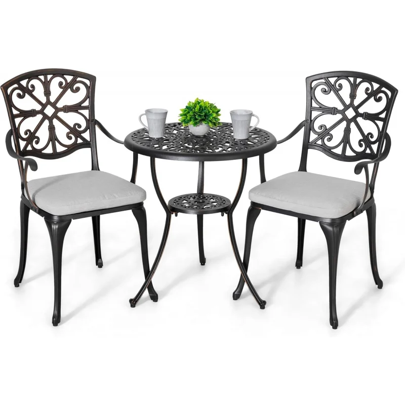 

3 Piece All-Weather Cast Aluminum Outdoor Bistro Set, 2 Chairs & Table with Hole, Cushions, Patio Furniture Ba