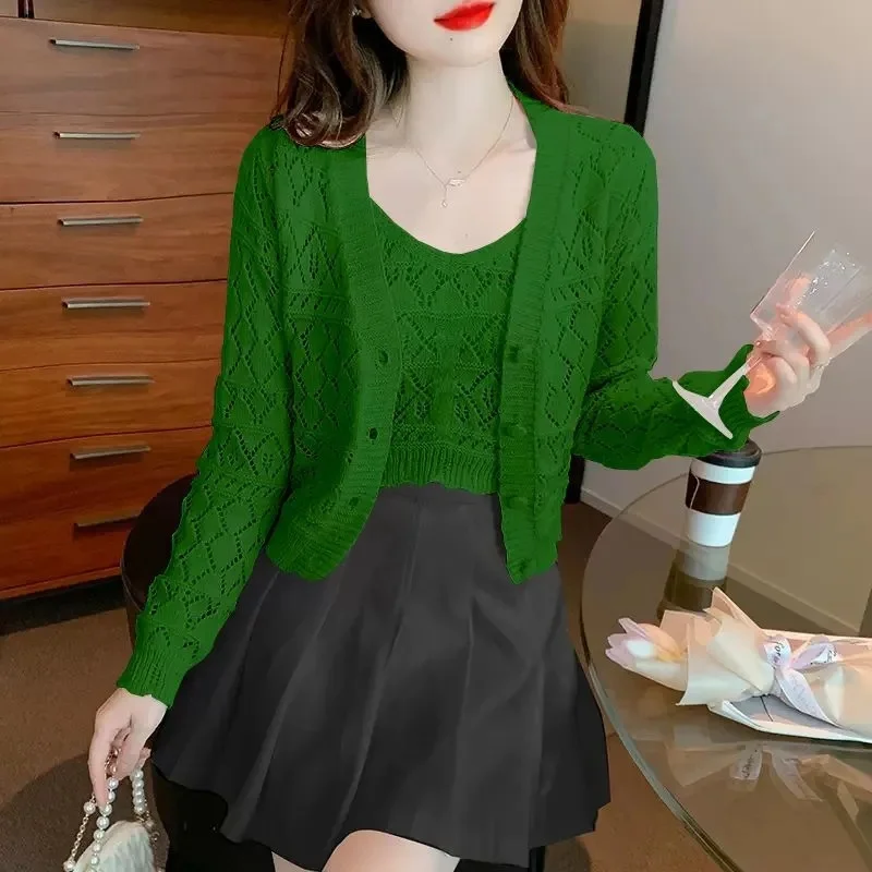 2023 Spring Autumn New Sweet and Westernized Hollow out Knit Cardigan Long Sleeve Top Short Tank Sweater Two Piece Set Fashion