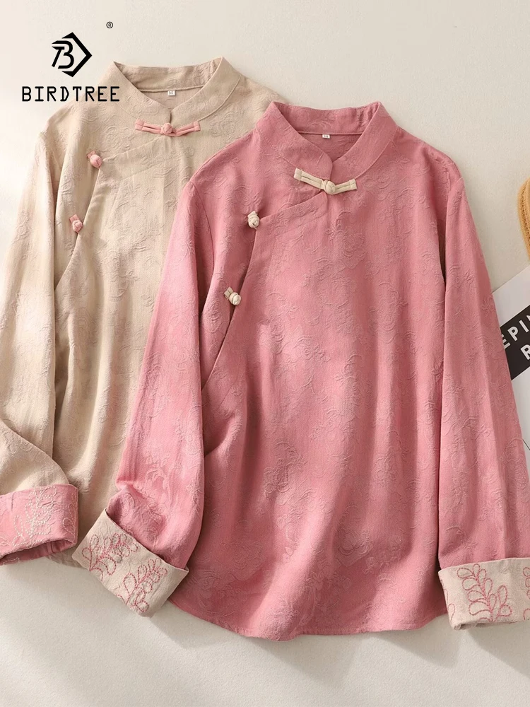 

New Spring Cotton Linen Chinese Style Shirt Women Stand Long Sleeve Top Girl Jacquard Literary Retro Blouse 2024 Autumn T43691QC