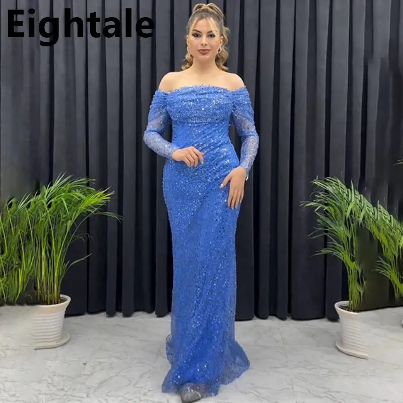 Eightale Customized Mermaid Sequin Prom Dress Off Shouder Long Sleeve Evening Dress Women Formal Party Gown Customized