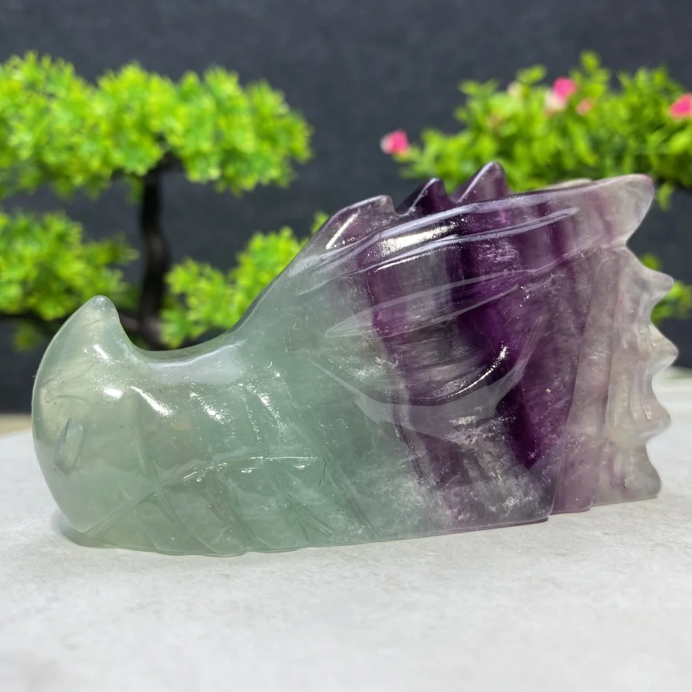 

Natural Colorful Fluorite Crystal Dragon Head Skull Figurine Hand Engraved Mineral Specimen Home Decor Gift Stone