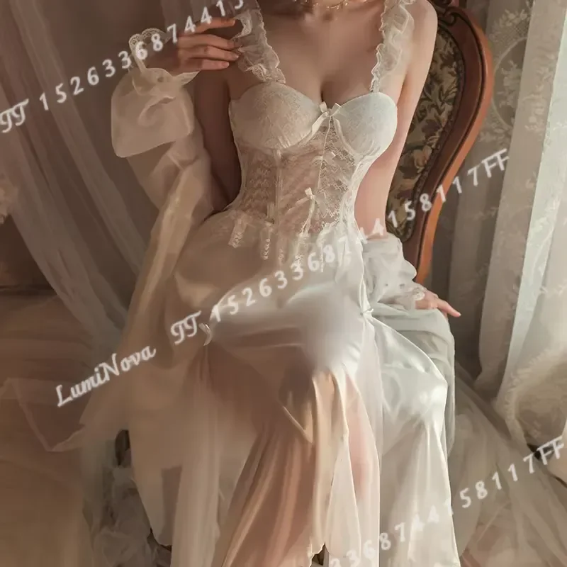 for Sexy Long Wedding Twinset Robe Set Nightgown Patchwork Lace Suspender Nightdress Summer Bathrobe Gown Loose Silk Satin