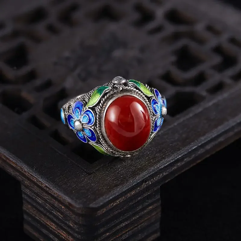 

silver 925 inlaid southern red tourmaline rings for women retro Court style blue flower ring exquisite wedding fine jewelry