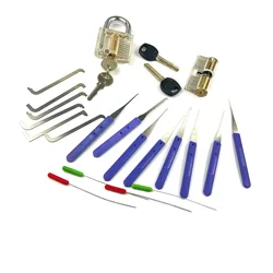 2pcs Transparent Locks with 12pcs Broken Key Pick Tools,New 6pcs Tension Wrench Tool Push Rod Tool,Practice Pick Kit