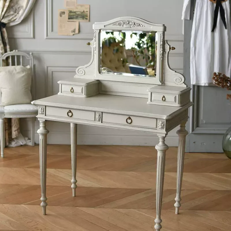 Retro Solid Wood Dresser Small Apartment Bedroom Storage Makeup Table Country Style Carved Vanity Desk
