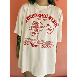 Self Love Club Women Oversized T Shirts Short Sleeve Crewneck Thick Cotton Angel Printing Tees Ins Street Fashion Cool Tops