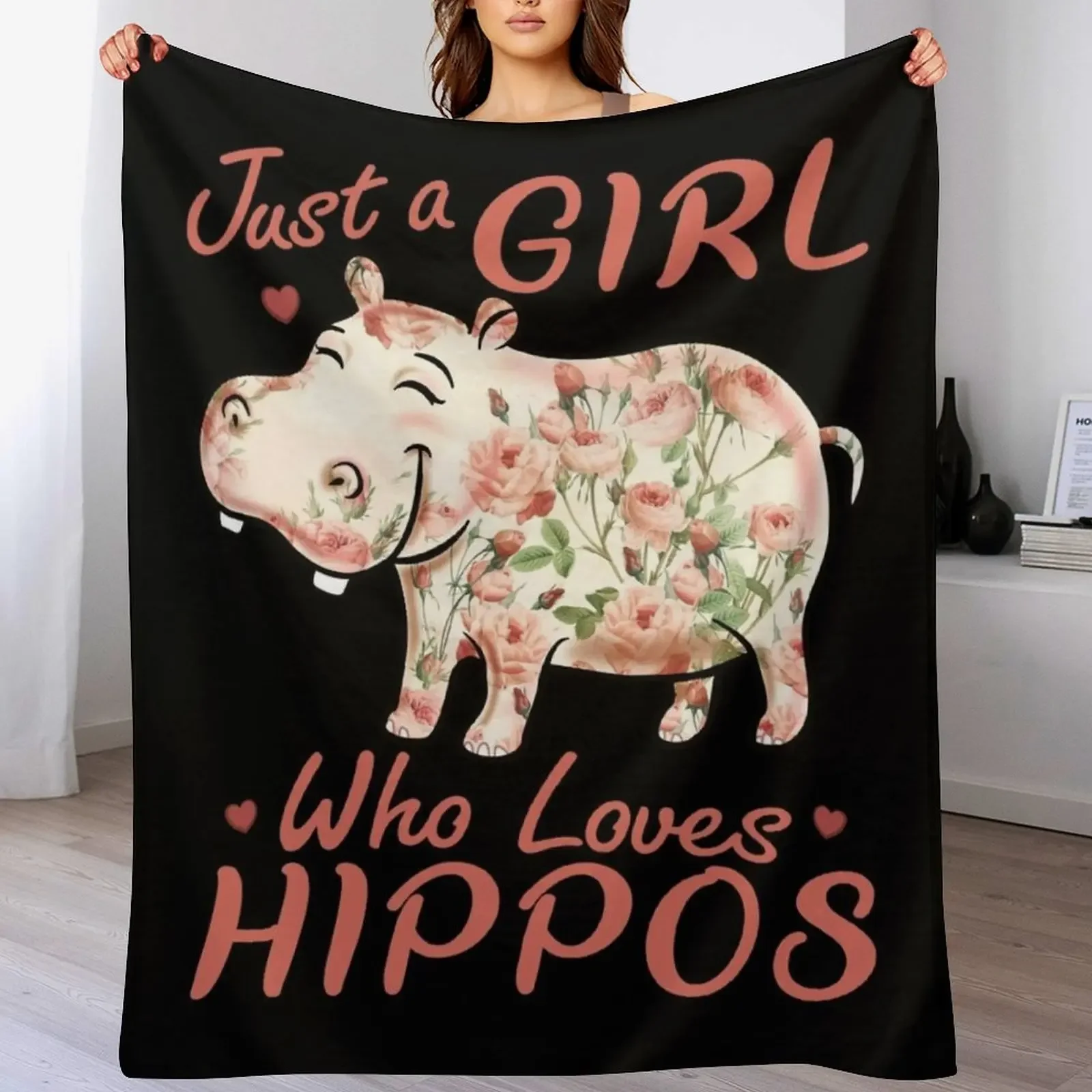 Just A Girl Who Loves Hippos Flower Hippopotamus Pink Throw Blanket Stain Resistant Cozy Warm Blanket