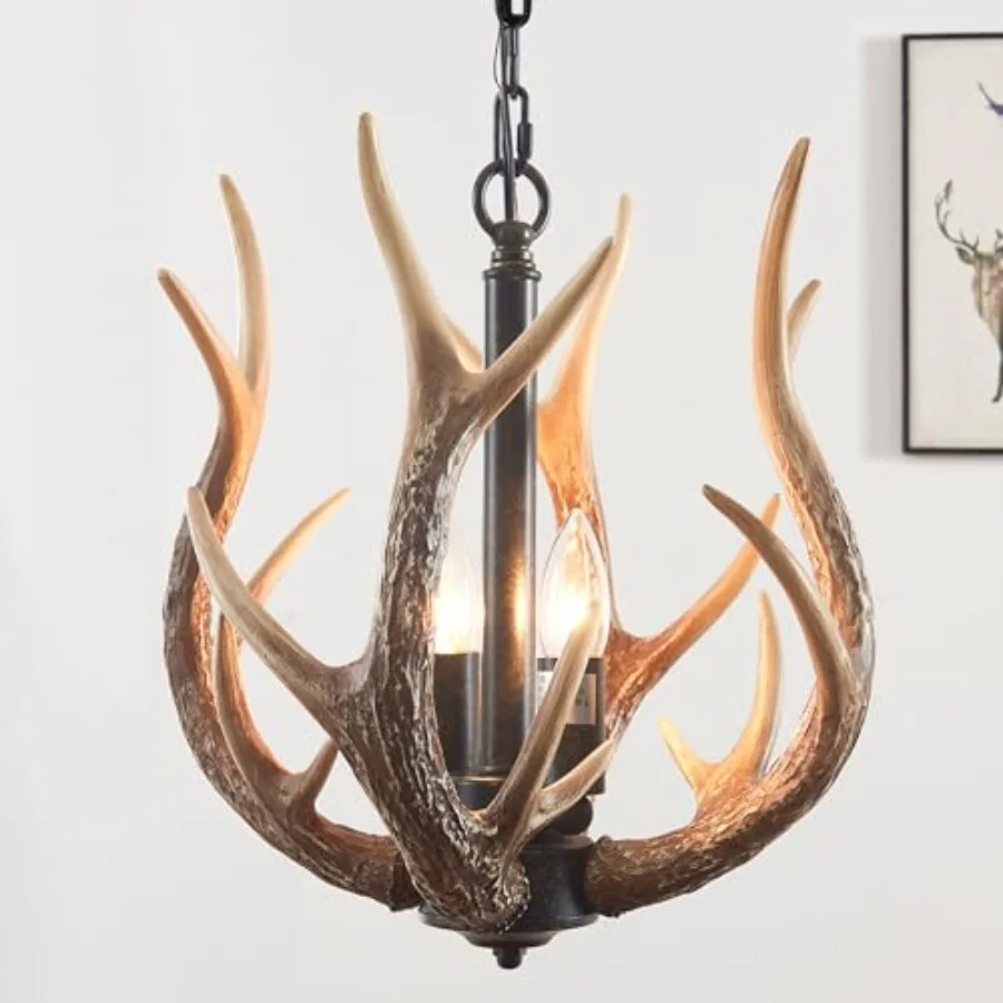 

Rustic Antler Chandelier 2 Lights for Dining Room, Vintage Farmhouse Chandelier with 4 Resin Deer Chandeliers Adjustable Height