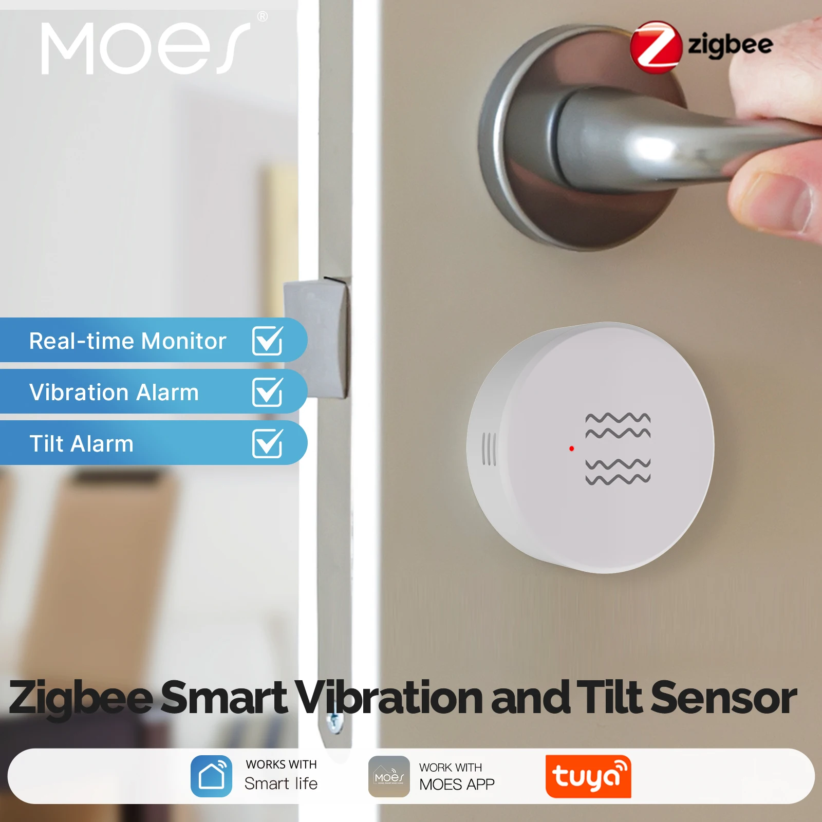 

MOES Zigbee Vibration Sensor, Smart Tilt & Motion Detector for Door Window Alarm, Real-Time 3-Axis Monitoring, Works with Tuya​