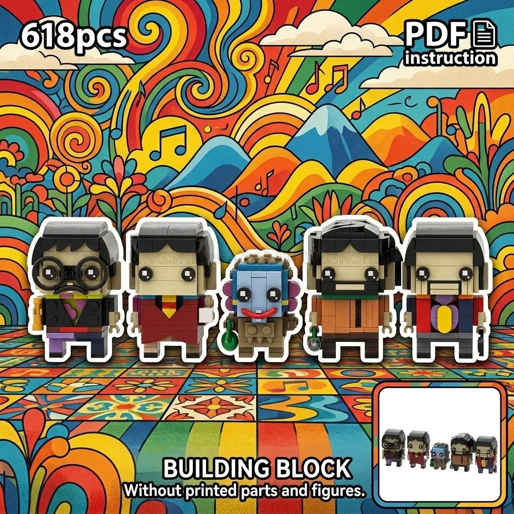 

Retro British Psychedelic Music Band Stylized Character Quartet Blocky Style Figure MOC Block Model