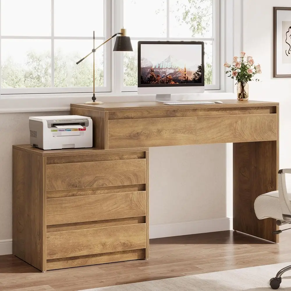 

5-Drawer Executive Office Desk with Cabinet and Printer Stand for Small Spaces