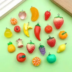 20pcs Colorful Resin Fruit Charms, Simulated Strawberry, Orange, Apple, Chili, Grape Pendants For DIY Jewelry Making Accessories
