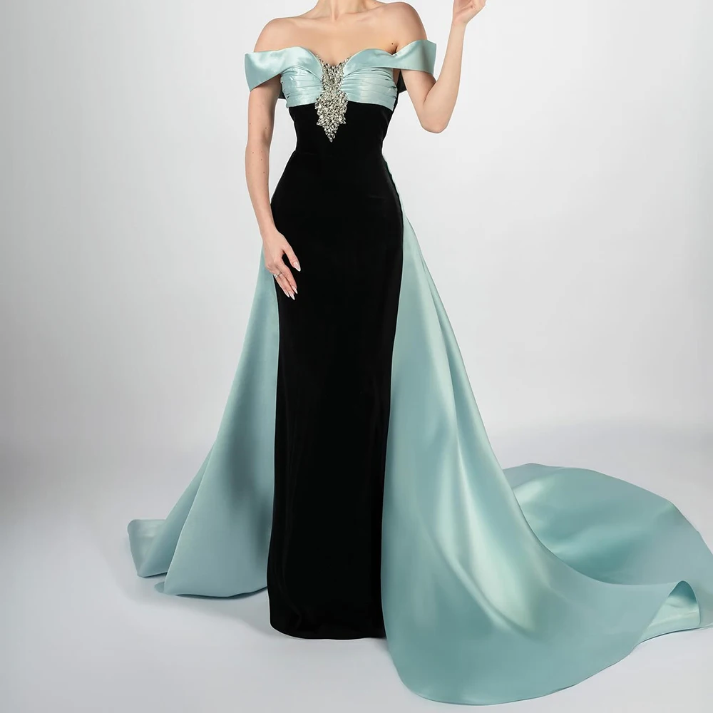 

Customized Mermaid Evening Dresses Floor-length Off The Shoulder Sleeveless Prom Gown Fashion Crystal Pleat Backless Party Gown