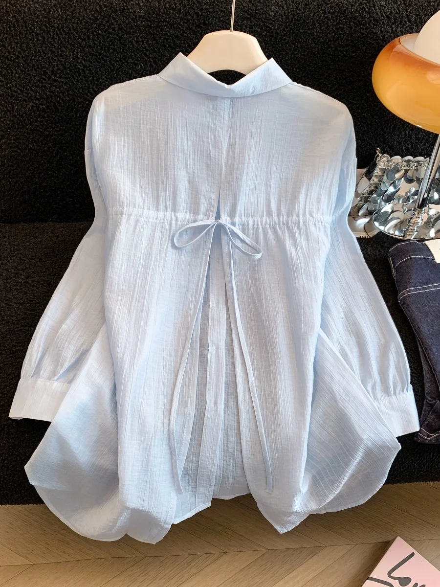 

Универсальная женская рубашка с длинным рукавом и узлом, летняя коллекция 2026, новый стиль, белая, с защитой от солнца, для повседневной носки, модный топ из полиэстера