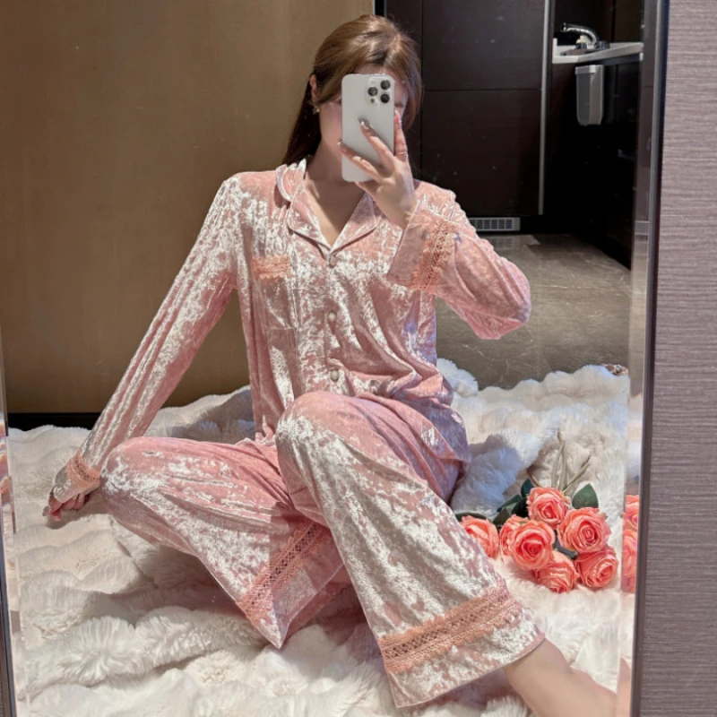 Sleepwear Women's Clothes Suits Winter Thick Cardigan Korea Home Simple Cozy Loose Casual Skinny Warm Temperament Sweet Sexy