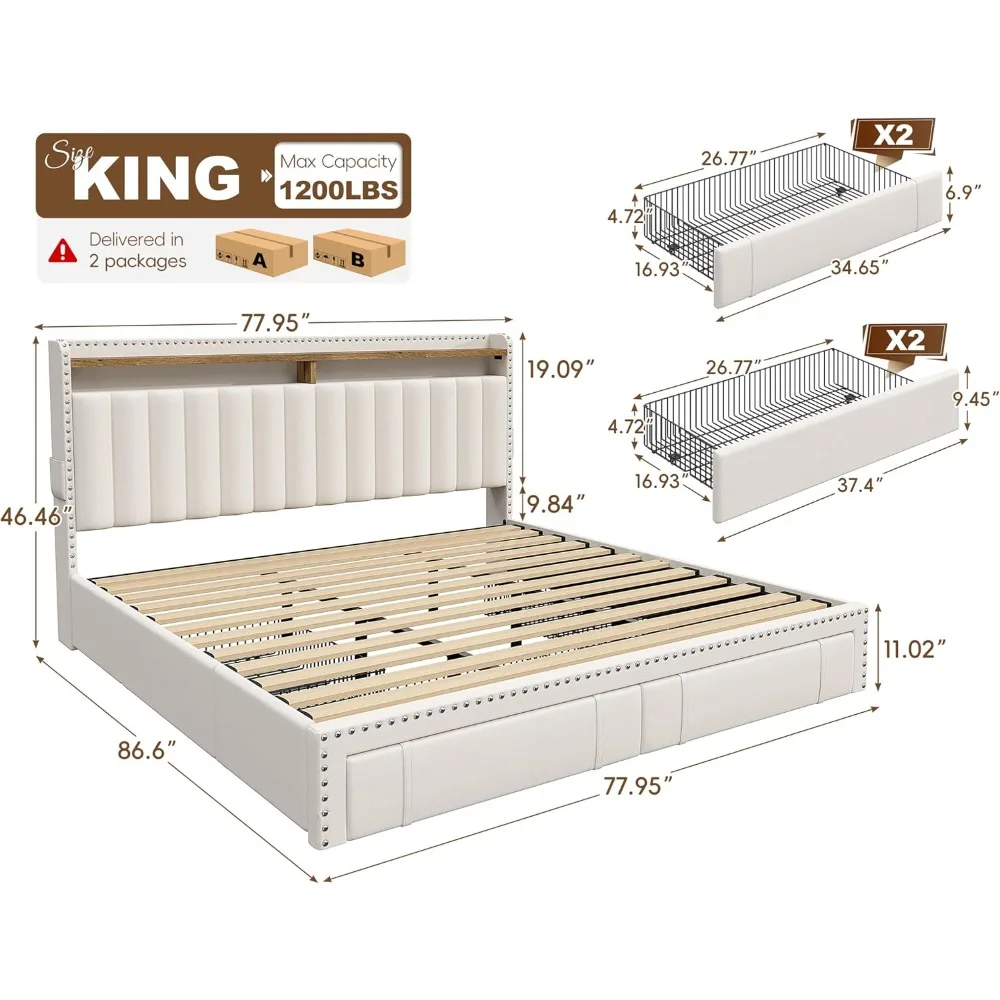 Cadre de lit King Size avec tiroirs de rangement, tête de lit rembourrée, étagères à 2 niveaux, supporte jusqu'à 1200 lb