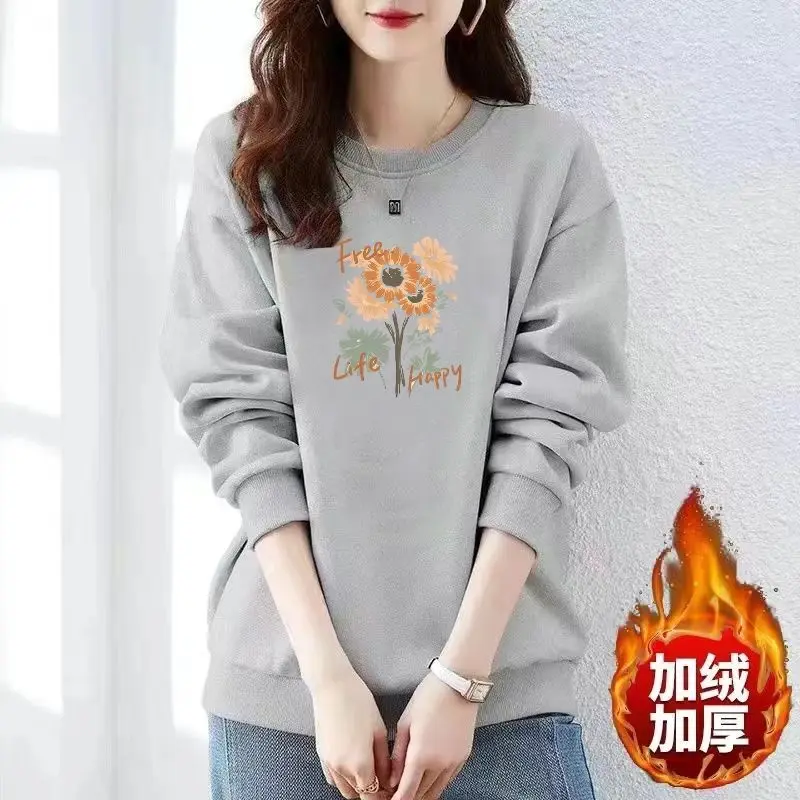 Sudadera de cuello redondo de algodón puro estilo coreano más terciopelo grueso estampado Otoño e Invierno Top suelto de manga larga ropa exterior