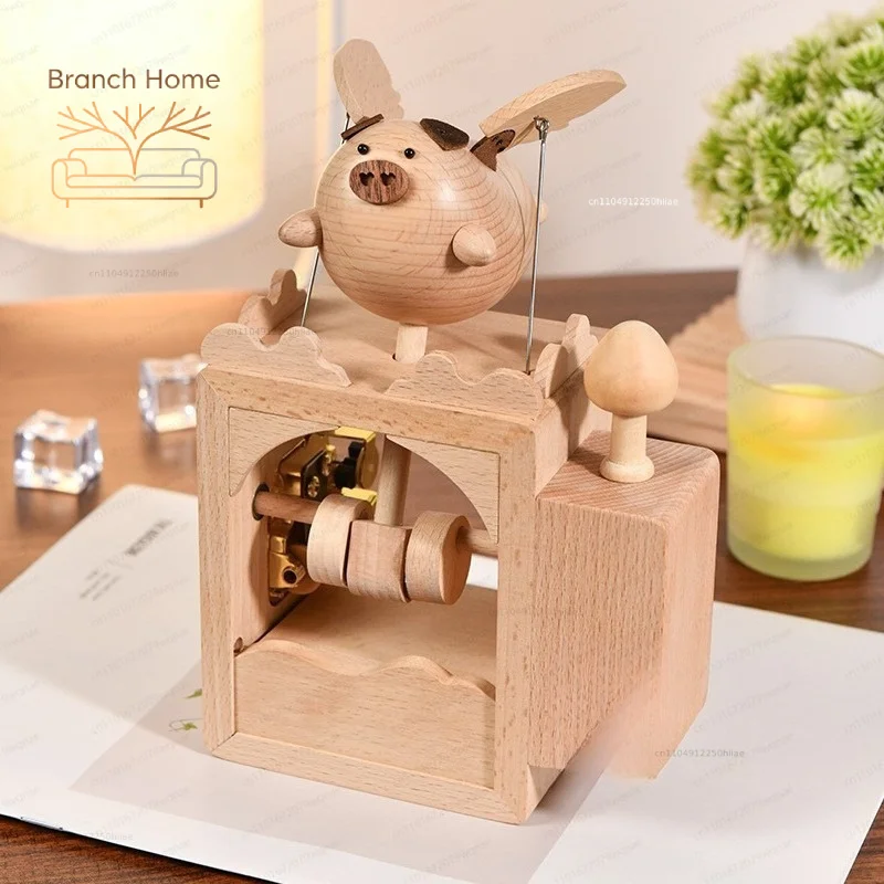 Wooden Flying Pig Music Box, Electric Automatic Levitating Swine Ornament with Melody, Creative Home Decor Gift