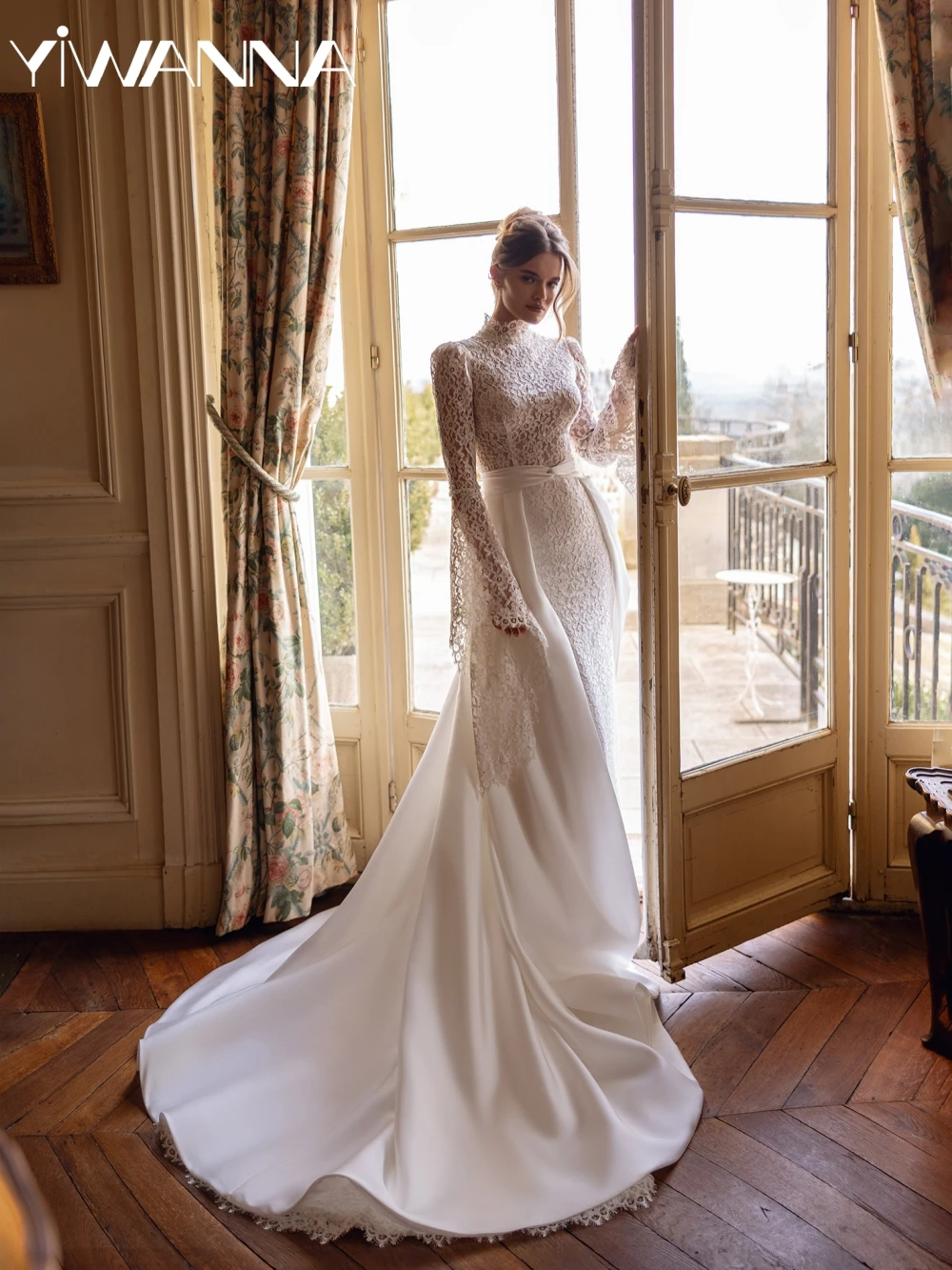 

Detachable Satin Train Lace Mermaid Long Wedding Dress High Collar Flare Sleeve Bridal Gown Customized New Dresses For Bride