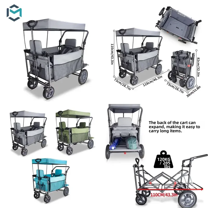 for Collapsible 2 Seat Kids Wagon with Canopy 600D Oxford Steel Frame Push Pull Stroller Cart Heavy Outdoor