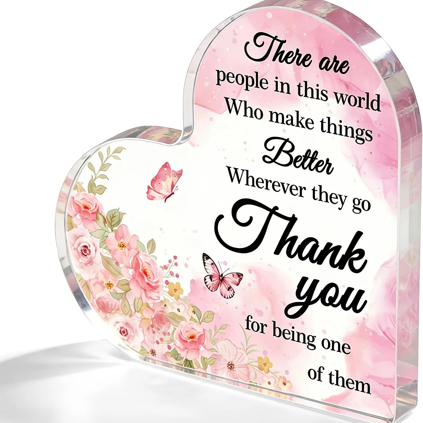 Thank You Acrylic Heart Plaque with Pink Flowers & Butterflies, Inspirational Keepsake Decor, Ideal Thanksgiving Gift