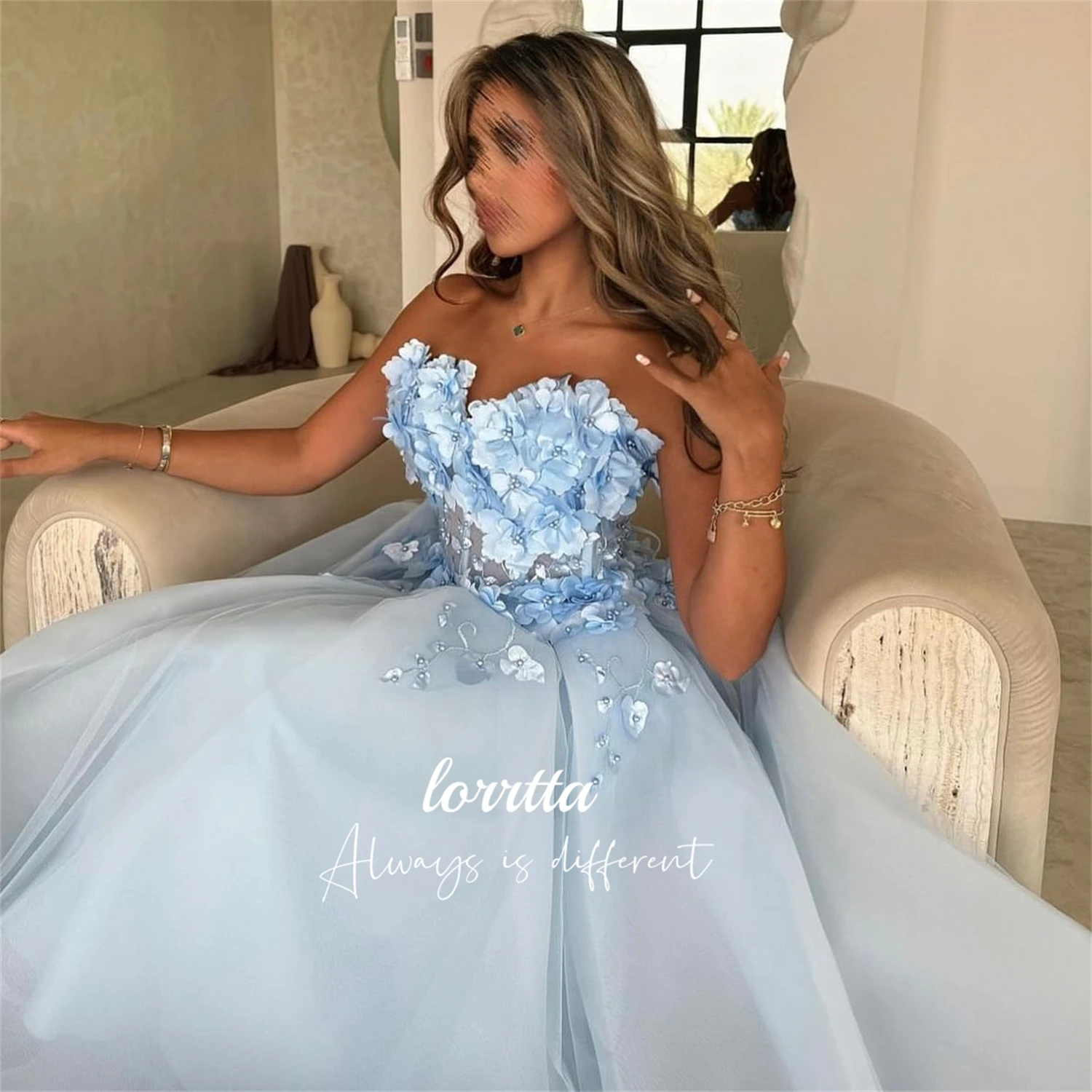 

Lorrtta Evening Dress Sky Blue Party Prom Line A Graduation Gown Flower Decoration for Special Occasions Ball Gowns فساتين سهرة