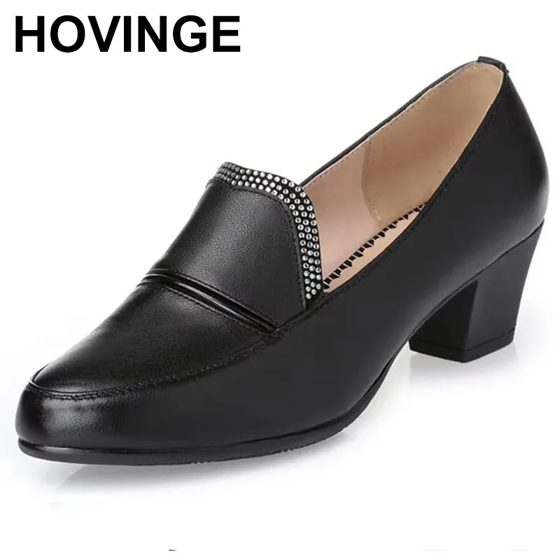 

2025 Spring Shoes Women Genuine Leather New Rhinestone Breathable Big Size Comfortable High Heels Shoes