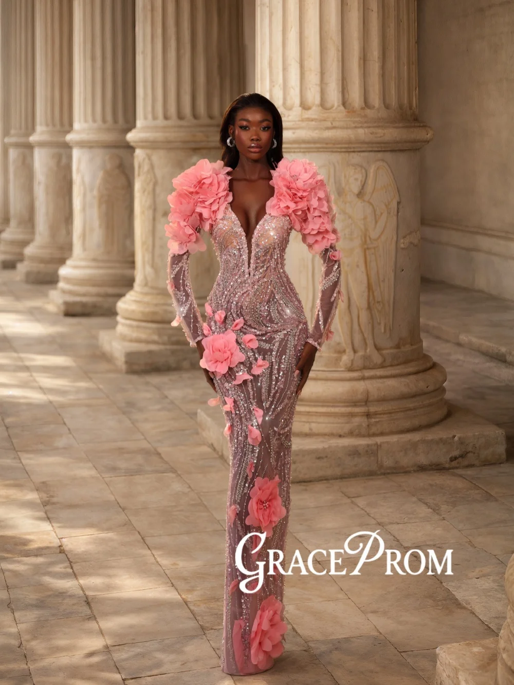 

Роскошное вечернее платье-футляр с бисером и 3D цветами, розовое, для свадеб и торжеств, на заказ, очаровательное, с эффектом иллюзии, для банкетов