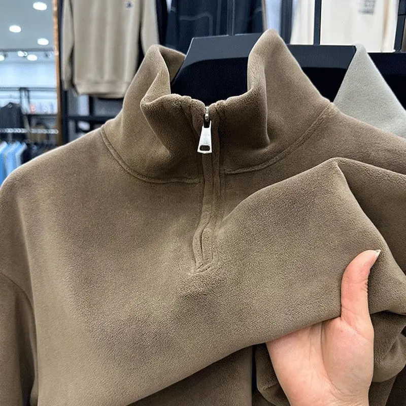 

Heavy Sweater Men's Autumn and Winter Granular Fleece Fleece Thickened Thermal Long-sleeved Semi-zipper Stand-up Collar Top