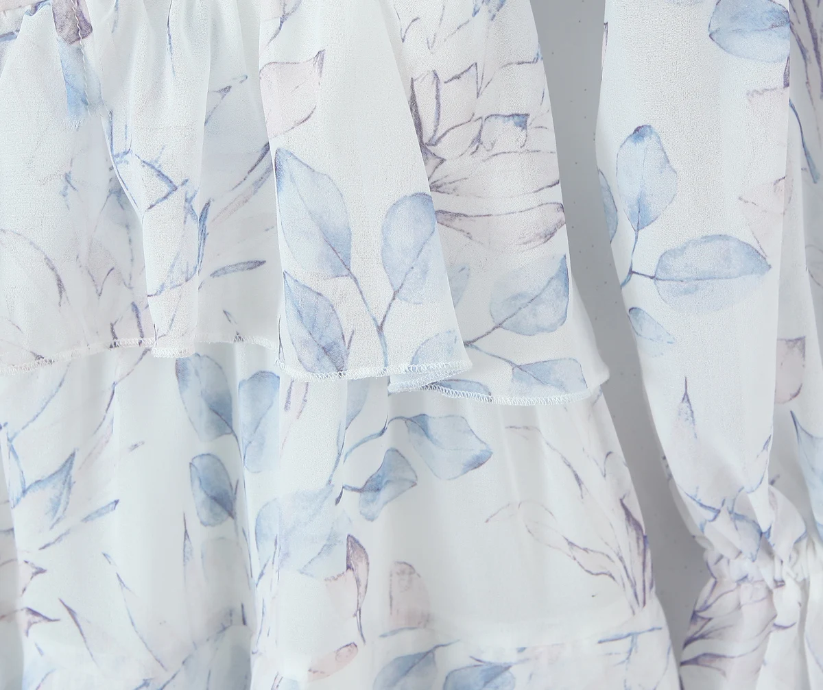 Mulheres floral impressão laço até arco ruched peito puff manga longa mini vestido romântico manga longa puff 3 camadas bainha vestidos vestido