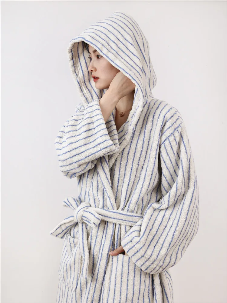 Fashion CottonYarn Striped Bathrobes Soft Cozy Absorbent Bath Towel Robes V Neck Hooded Loose Sleepwear  Adult Bath  Robes