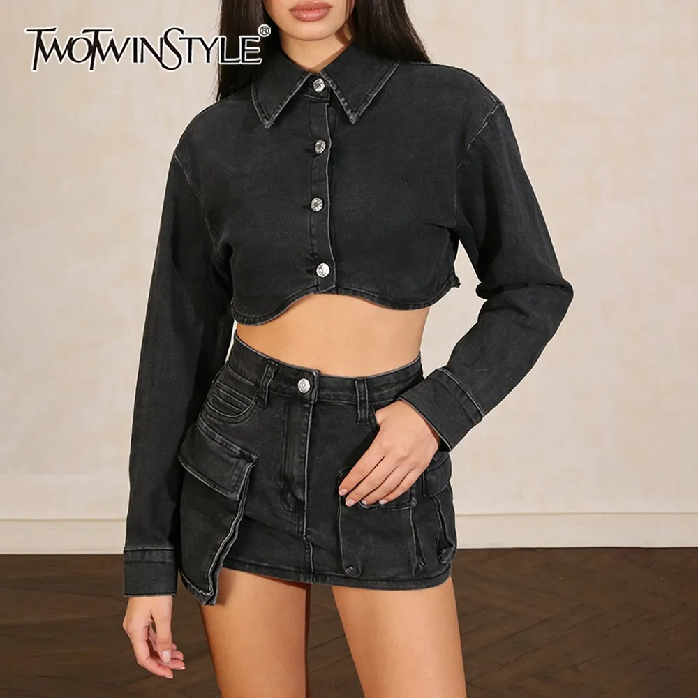 

TWOTWINSTYLE Gray Spliced Pocket Two Piece Set Female Lapel Long Sleeve Jacket Streetwear Retro Women's Skirt Set Autumn Fashion