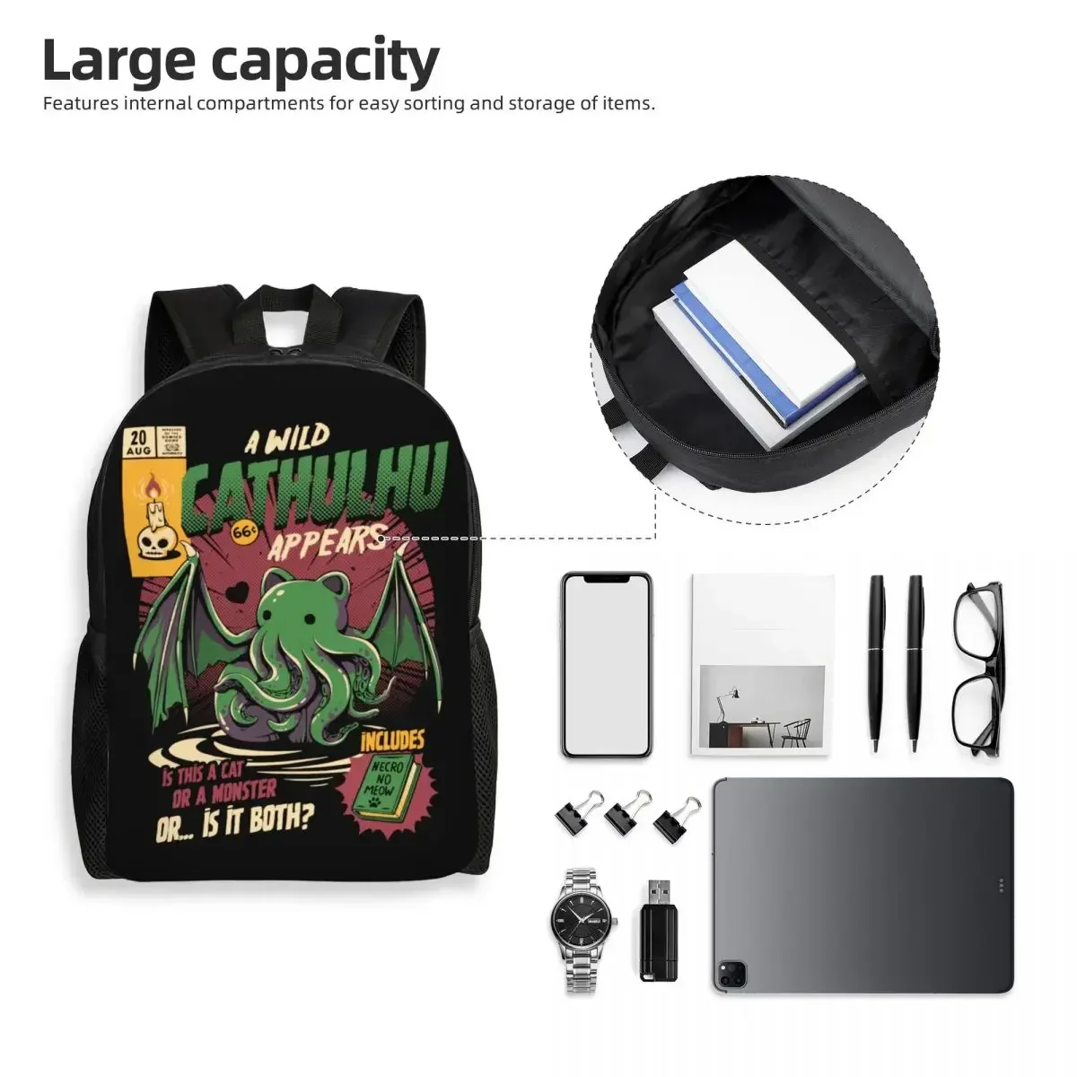 Custom A Wild Cthulhu Travel Backpack School Computer Bookbag Cat or Monster Kaiju Lovecraft Movie College Student Daypack Bags